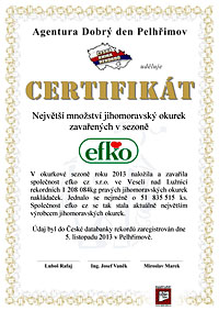 Certifikát rekordu 2013 - největší výrobce jihomoravských okurek na světě 