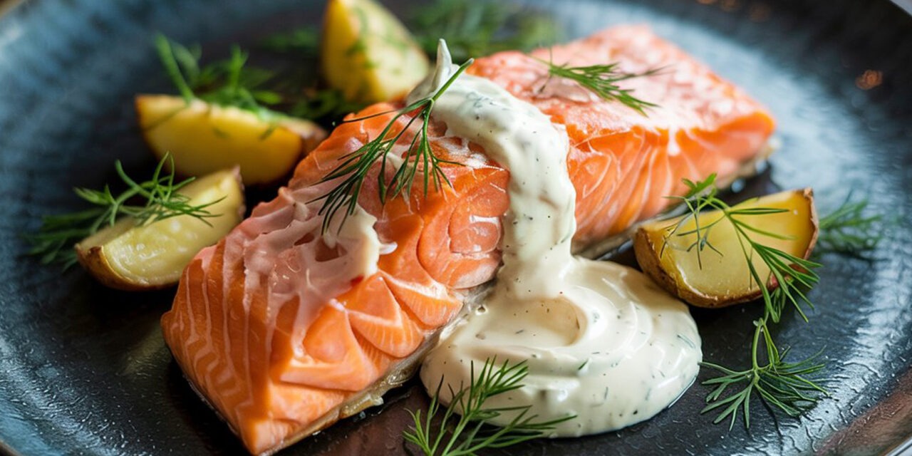 Baked salmon steak with horseradish sauce