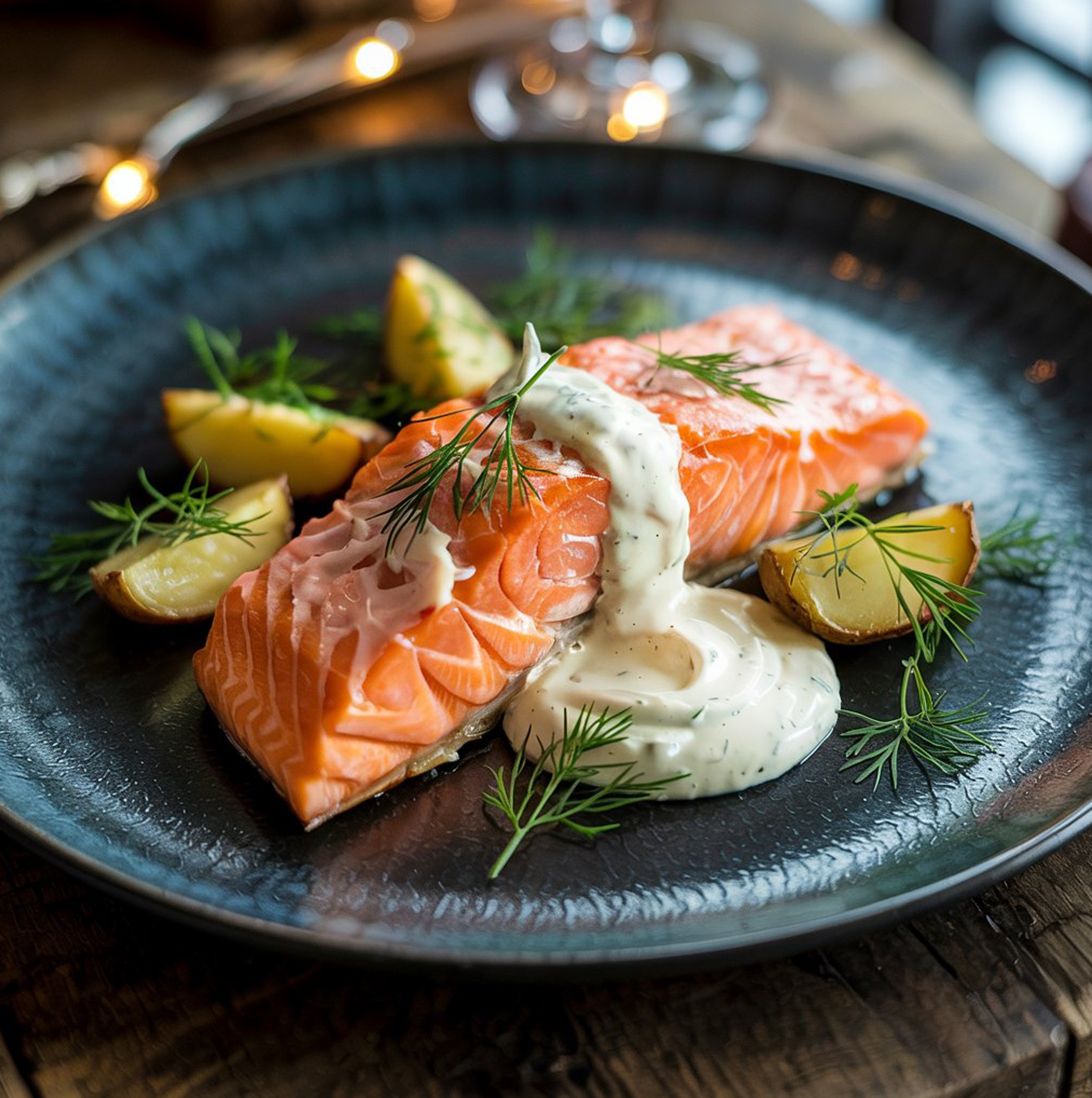Baked salmon steak with horseradish sauce